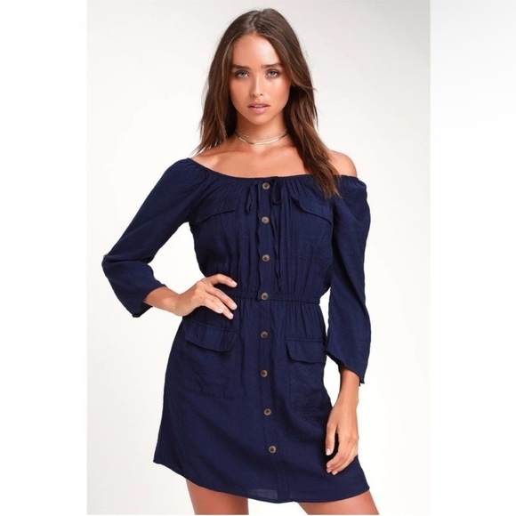 Day to Day Blu Pepper Navy Button Front Off the Shoulder Dress Size Small NWT - Picture 1 of 8